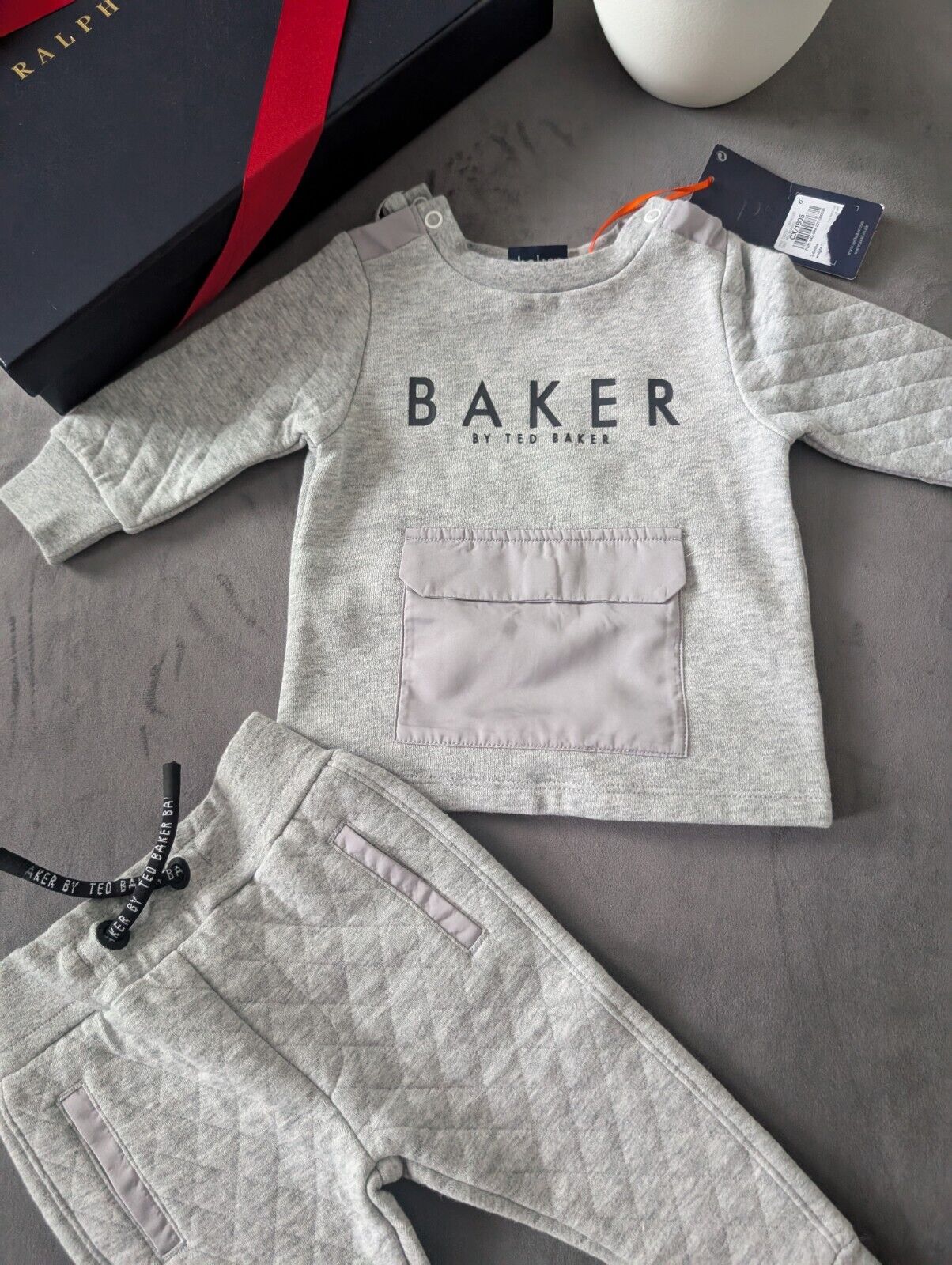 BNWT Ted Baker Boy Grey Blue Logo Tracksuit Jogger Set Outfit 3-6m Quilted Gift