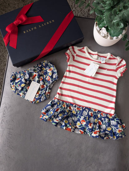 New Ralph Lauren Stripe Floral Baby Girls Frill  Polo Dress 3-6 Months Gift 2pc