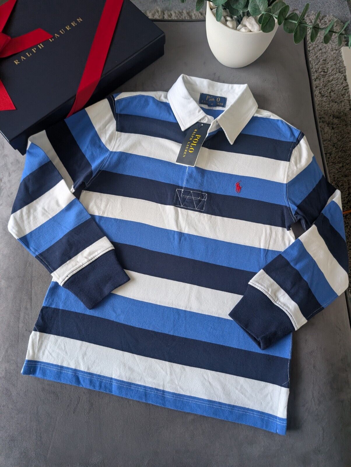 New Ralph Lauren Boys Rugby Style Stripe Long Sleeve Polo Blue White  8y Boys