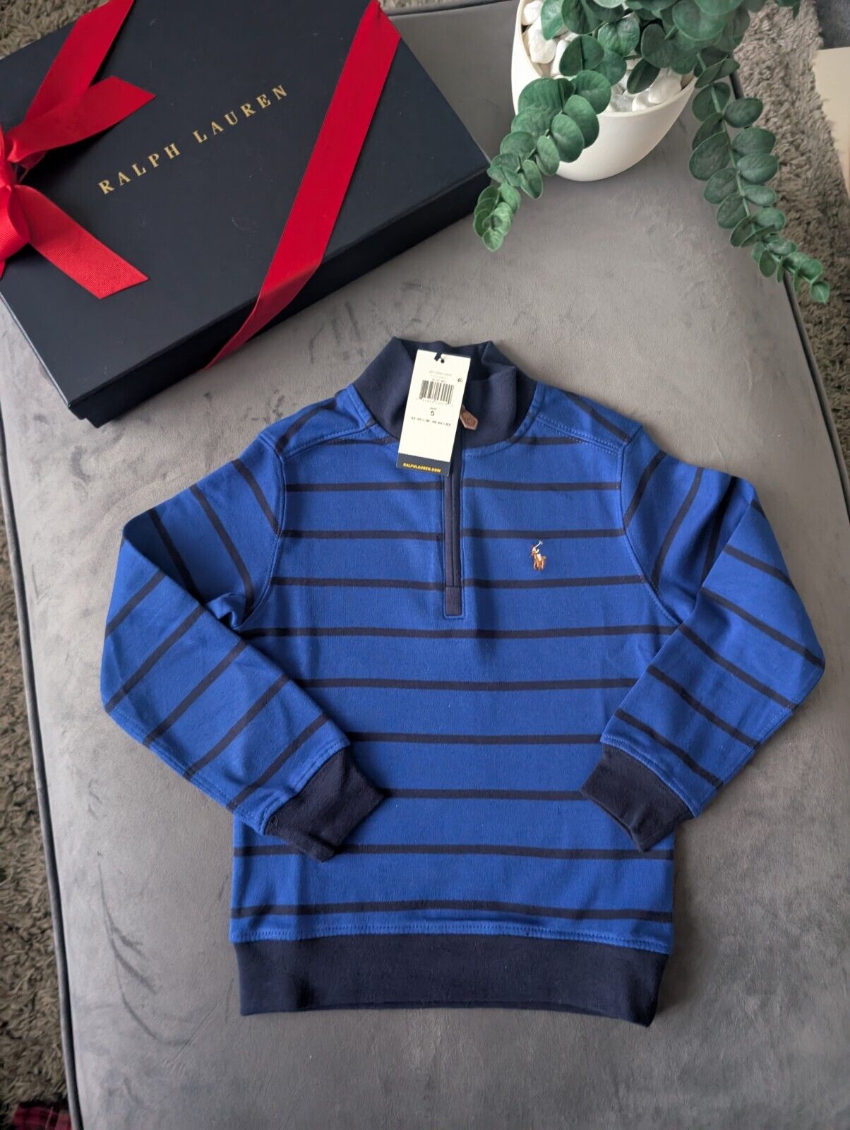 New Ralph Lauren Boys Navy  3/4 Zip Knit Blue Stripe Top Top Jumper Age 5y