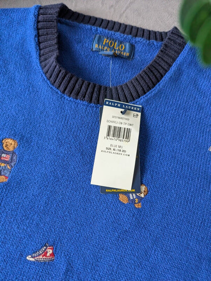 New Polo Ralph Lauren Jumper Boys 16y Blue Bear  Dog Cricket Embroidered Gift