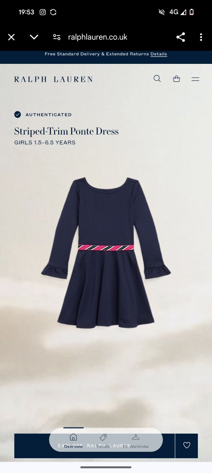 New Stunning Ralph Lauren Girls Ponte Frill Sleeve Navy Dress Belted Gift 6y