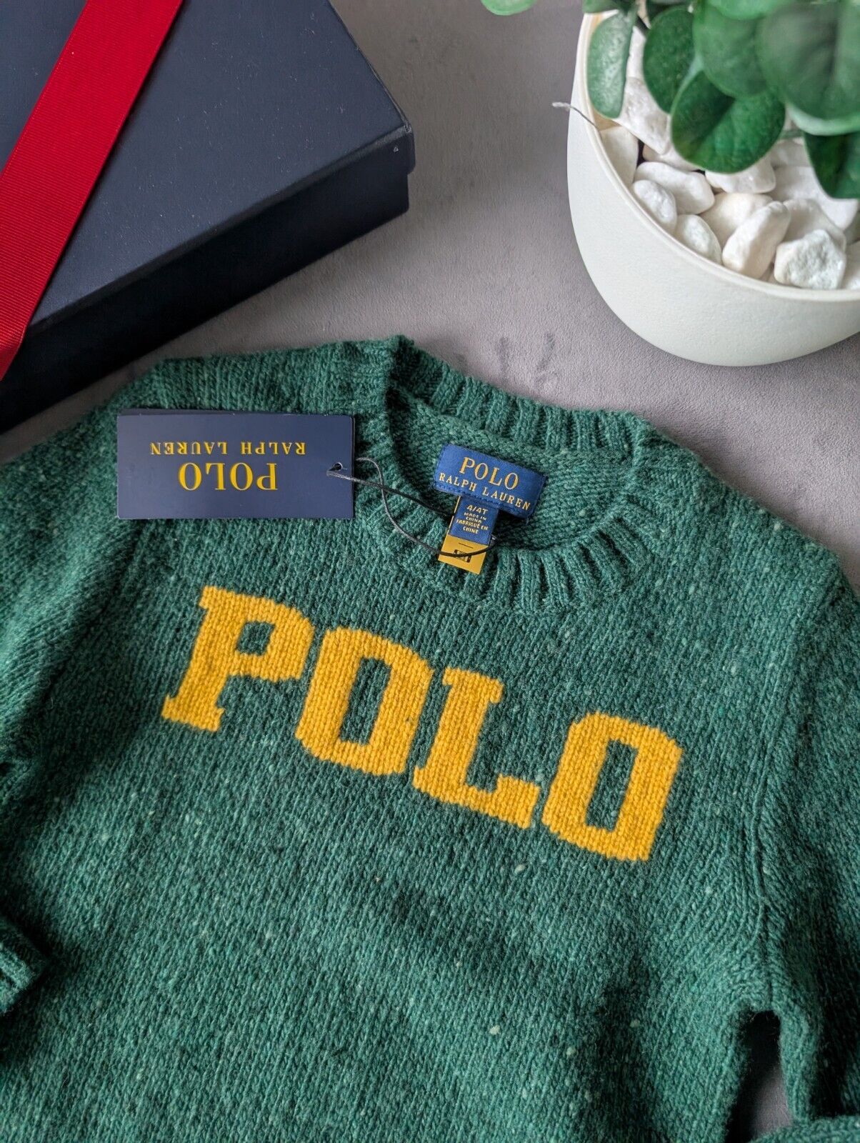 New boys polo Ralph Lauren Green Yellow Wool knit jumper logo polo Gift smart 4y