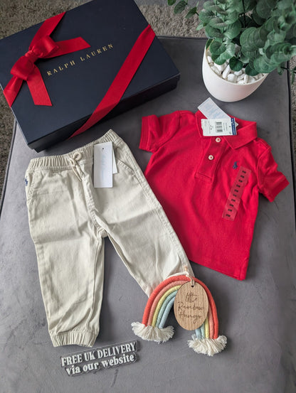 New adorable Ralph Lauren boys Polo Shirt Red  + Chino Trousers Age 6-9m Gift