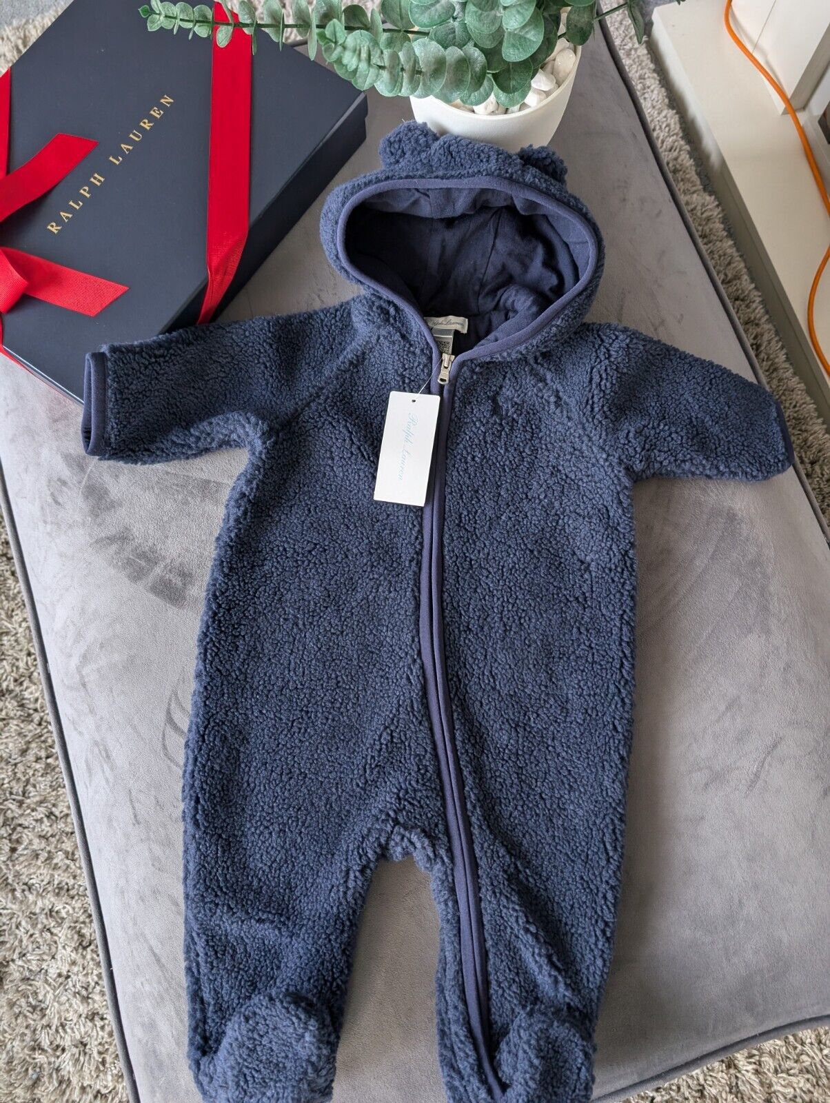 New Ralph Lauren baby boys faux shearling bear all in one snowsuit baby gift 3-6