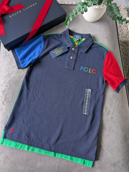 New Ralph Lauren Boys Colour Block Short Sleeve Polo Red Blue Navy 7yrs Boys