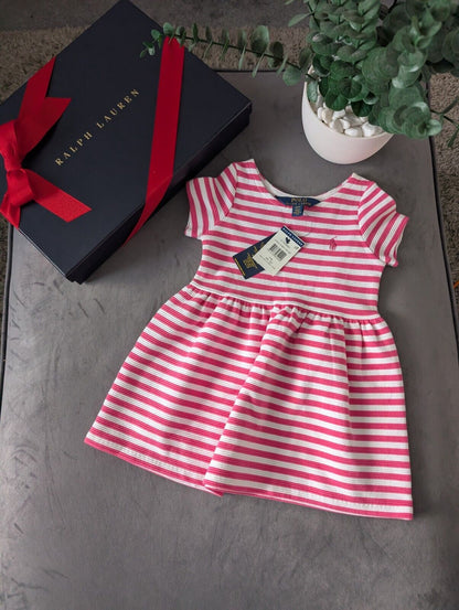 New Stunning Girls Ralph Lauren Pink Ribbed Stripe Dress Occasion Age 2 Gift