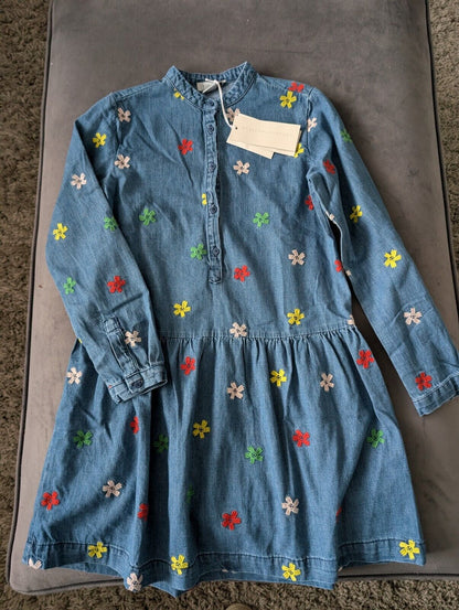 New Stella McCartney kids denim tiered smiley flowers dress embroidered 8/9 yrs