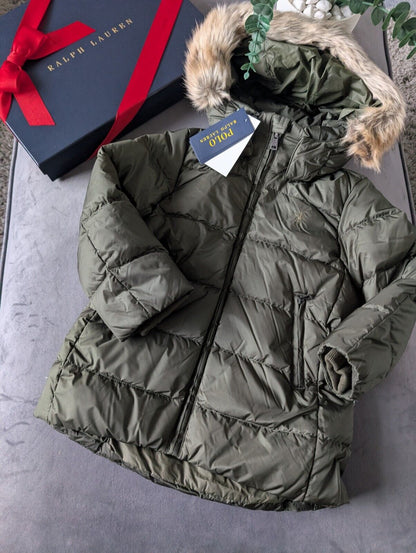 New Feather Down Polo Ralph Lauren Girls Puffer Down Coat Khaki Logo 4yrs  £190