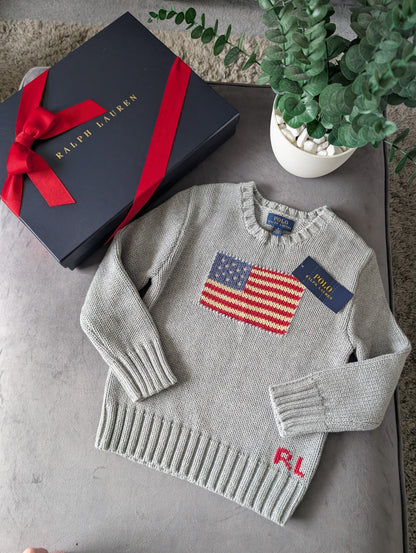 New Polo Ralph Lauren Grey Smart American flag jumper age UK 4-5yr USA Boys Gift