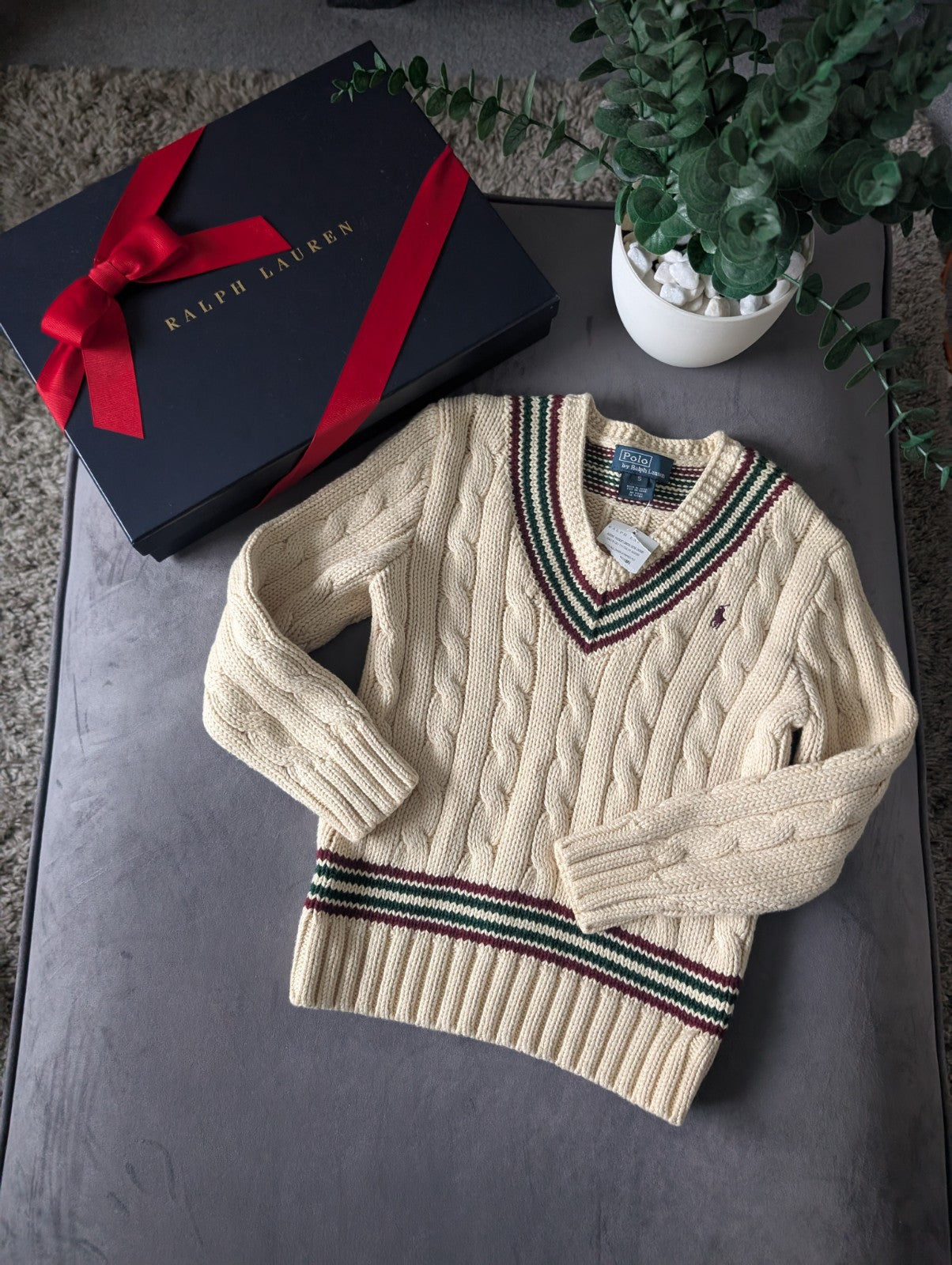 New Boys Ralph Lauren Vintage Ivory Chunky Knit Cricket Jumper Cream Gift 4-5y