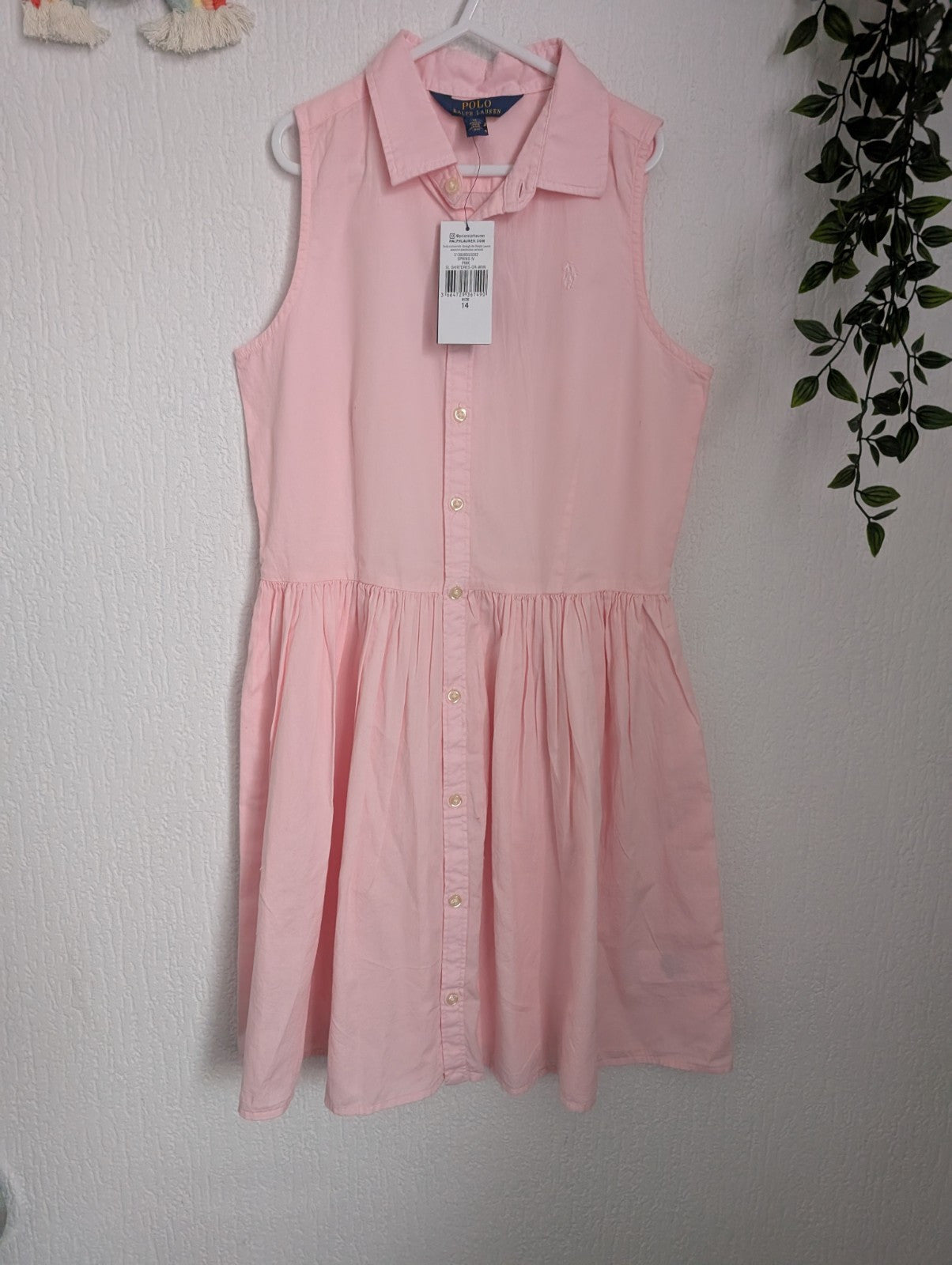 New Ralph Lauren pink plain pony Logo Smart Sleeveless Oxford Shirtdress 12yrs