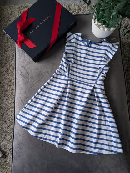 New Ralph Lauren Girls White Navy Stripe Polo Frill Stripe Ribbed Dress Gift 6yr