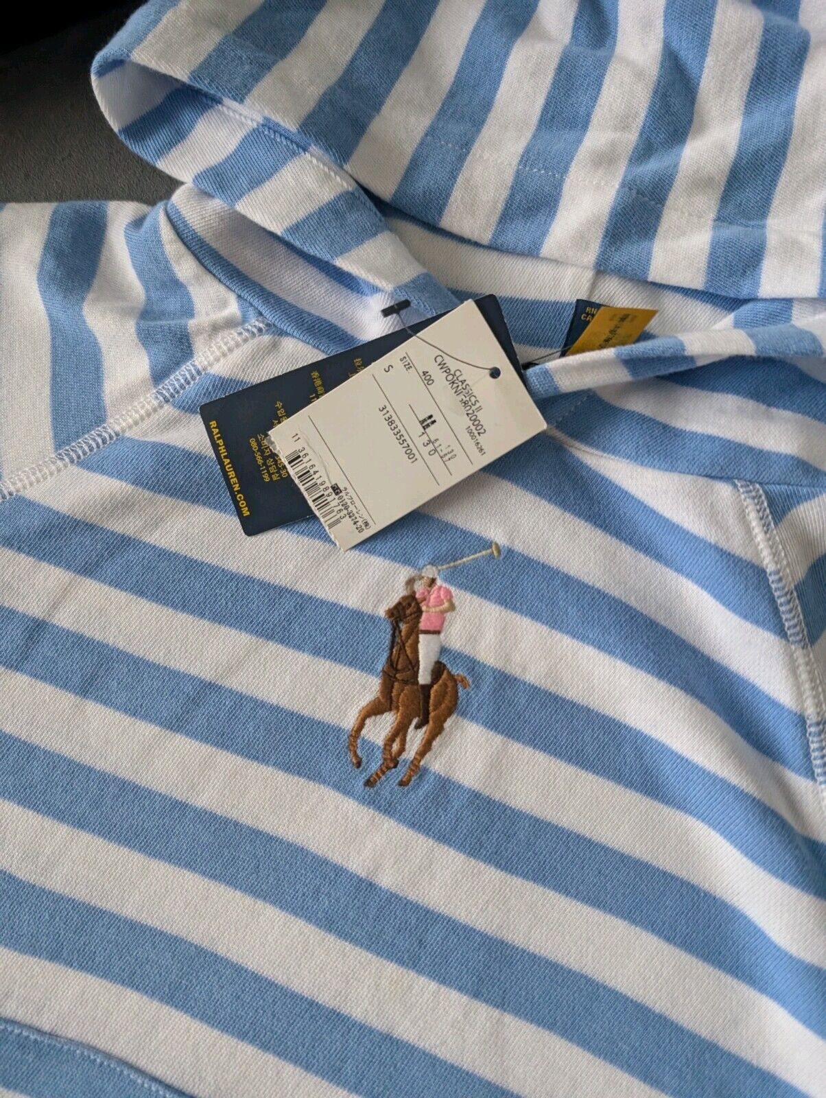 New Ralph Lauren Blue Stripe Big Pony White Hoodie Size Kids 7Yrs Gift Terry