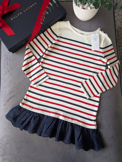 New Ralph Lauren Girls Stripe Navy Red Ivory Dress Embroidered Age 6 Thin Jumper