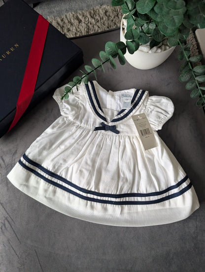 New stunning Ralph Lauren baby girls sally sailor dress white navy bow 0-3m