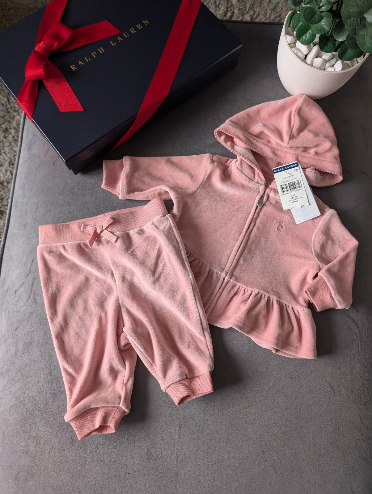 New Gorgeous Ralph Lauren Pink Scalloped Baby Girl Tracksuit 0-3m Gift Velvet