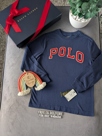 New Ralph Lauren Boys Navy Smart Pony Logo Ralph T Shirt Long Sleeve 5-6yrs