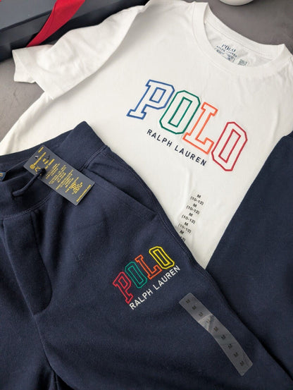 New Ralph Lauren Boys Kids Top + Jogger White Navy Embroided Logo Pony 10yr Gift