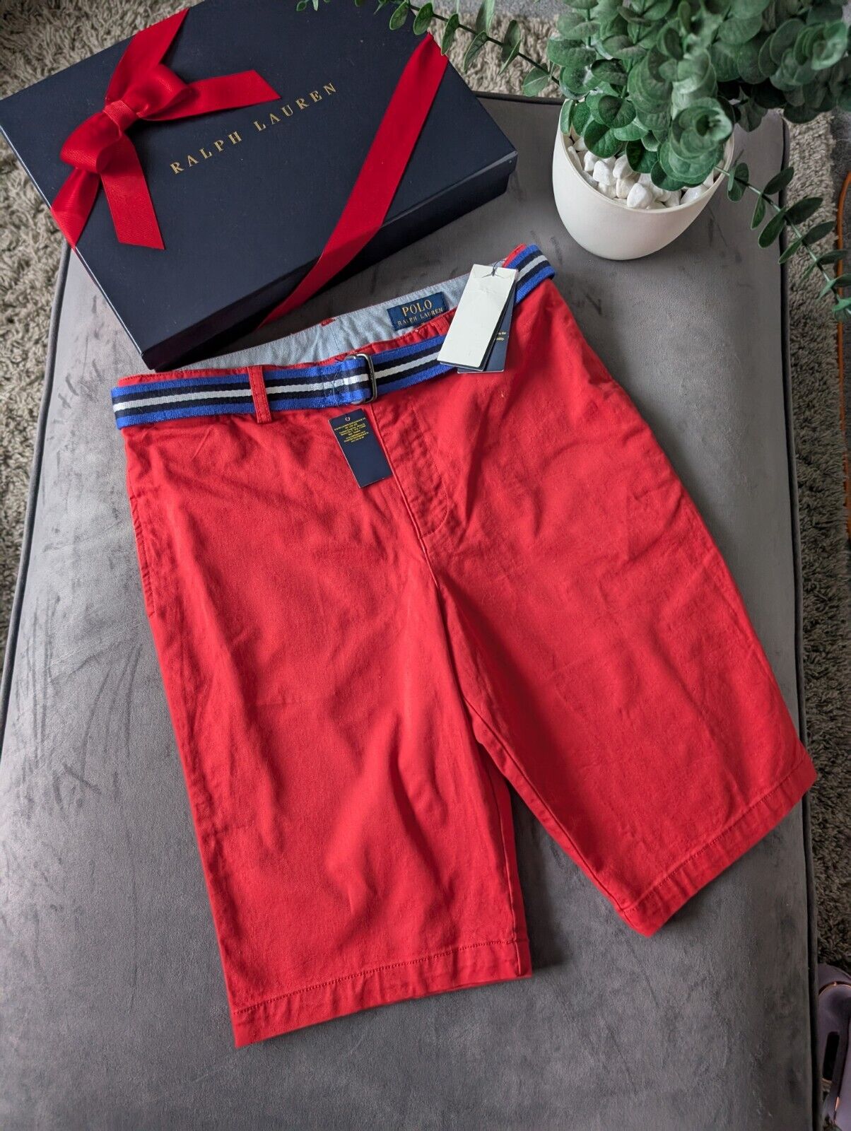 New Ralph Lauren Boys Red Chino Shorts + Belt Smart Gift Age 13 Casual Summer