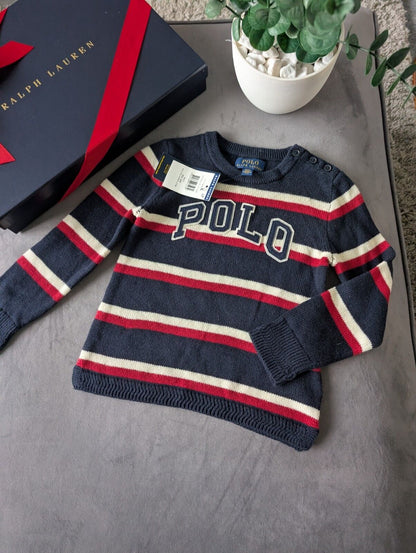 New Ralph Lauren Boys Navy Smart Casual Pullover Stripe Jumper Pony Logo Age 2-3