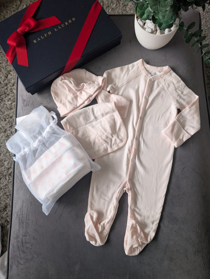 New Ralph Lauren Baby Pink Gift Set Basket Bear Romper Hat + Bib 3-6m Girls 3pc