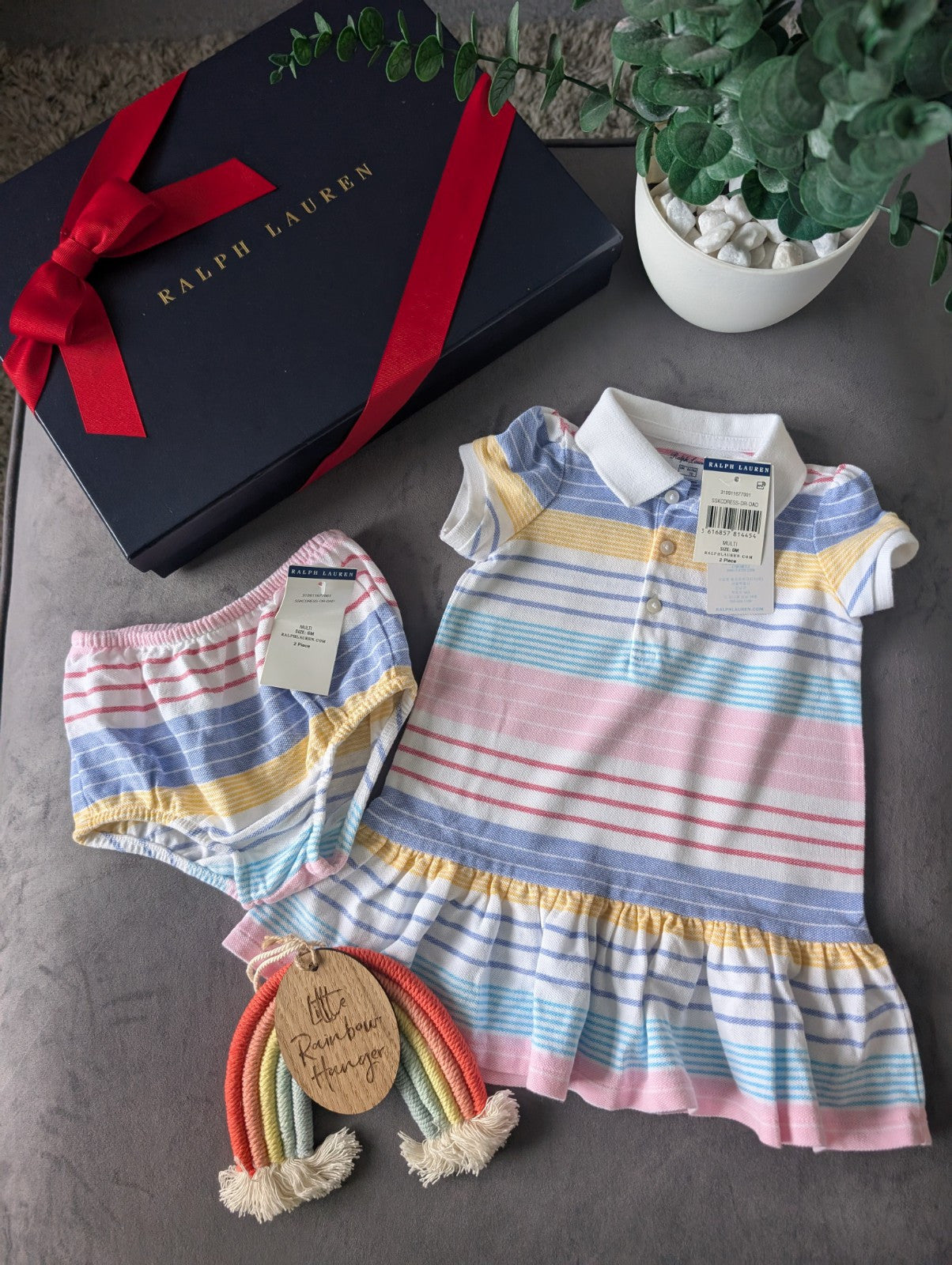 New Ralph Lauren baby girls pink white stripe frill Multi Dress gift 3-6m pretty