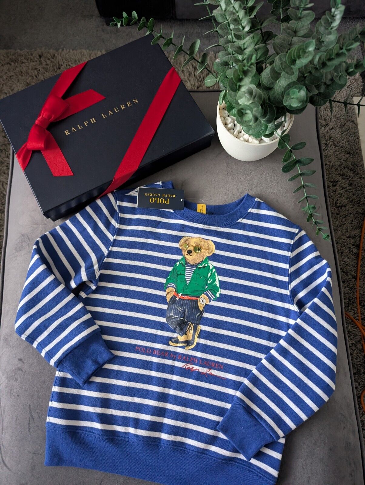 New Ralph Lauren Polo Bear Blue Stripe Sweatshirt Jumper Gift Casual Age 7yrs