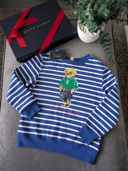 New Ralph Lauren Polo Bear Blue Stripe Sweatshirt Jumper Gift Casual Age 7yrs