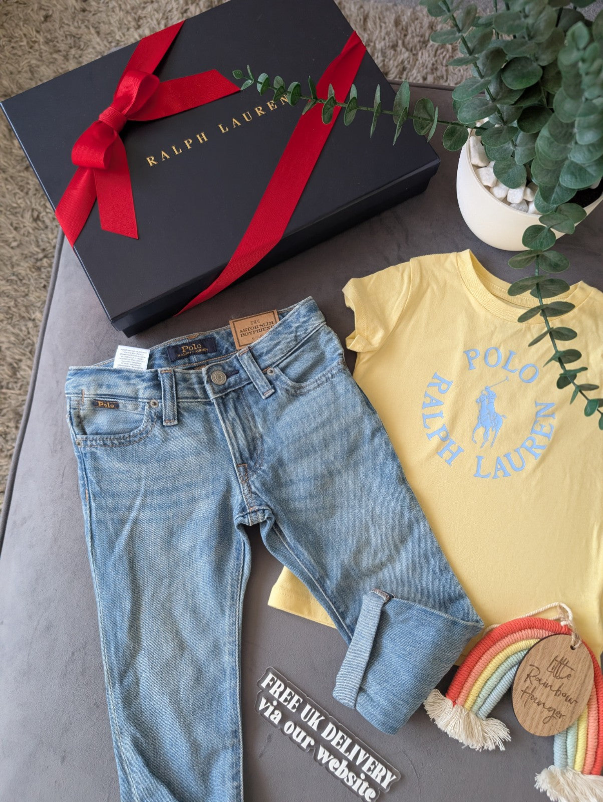 New Ralph Lauren Girls Yellow T Shirt + Blue Denim Boyfriend Jeans Summer 2yrs