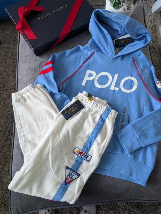 New Ralph Lauren Unisex Kids Full Tracksuit Hoodie Jogger White Blue Ski 16yr