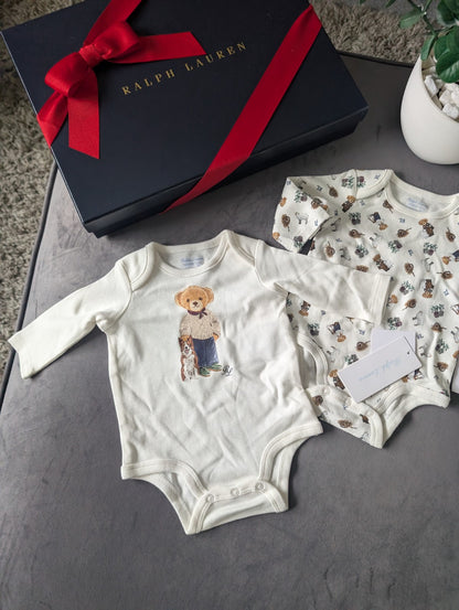 New Ralph Lauren Baby X 2 White Unisex Bear Floral Vest Logo Newborn Gift Cute