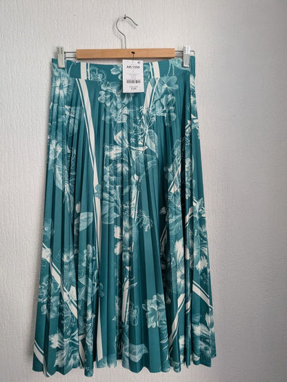 Next Green Floral Pleated Midi Scuba Skirt Elastic Waist Size 10 Autumn Casual