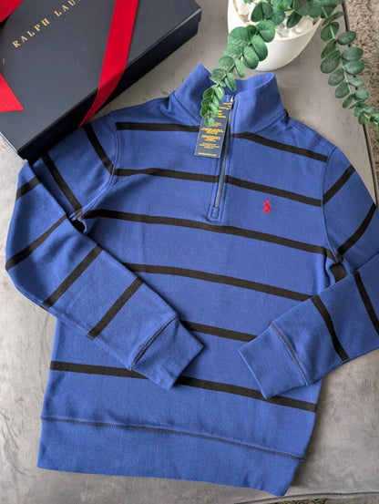 New Ralph Lauren Boys Navy  3/4 Zip Knit Blue Stripe Top Top Jumper 10-12y