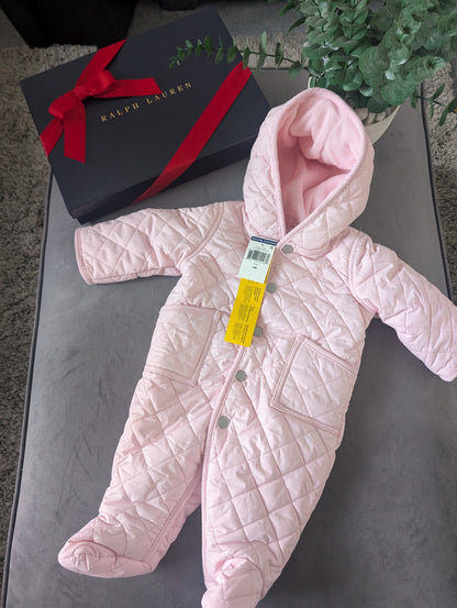 New ralph lauren Baby Pink quilted fleece lined pram suit snowsuit 0-3m Gift