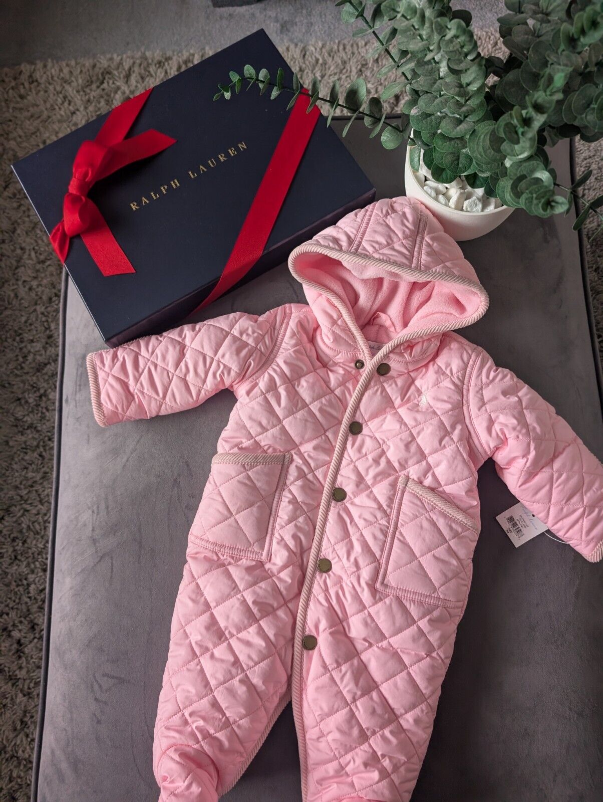 New ralph lauren Baby Pink quilted fleece lined pram suit snowsuit 0-3m Gift