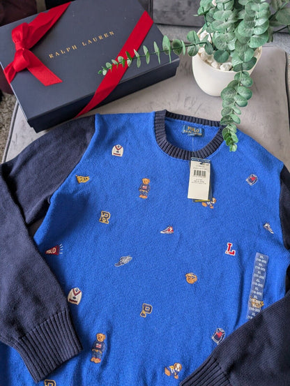 New Polo Ralph Lauren Jumper Boys 16y Blue Bear  Dog Cricket Embroidered Gift