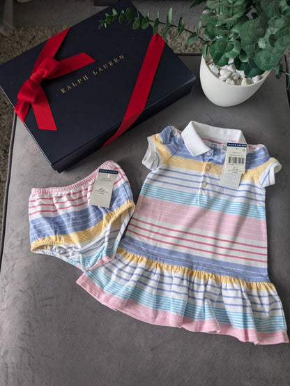 New Ralph Lauren baby girls pink white stripe frill Multi Dress gift 3-6m pretty