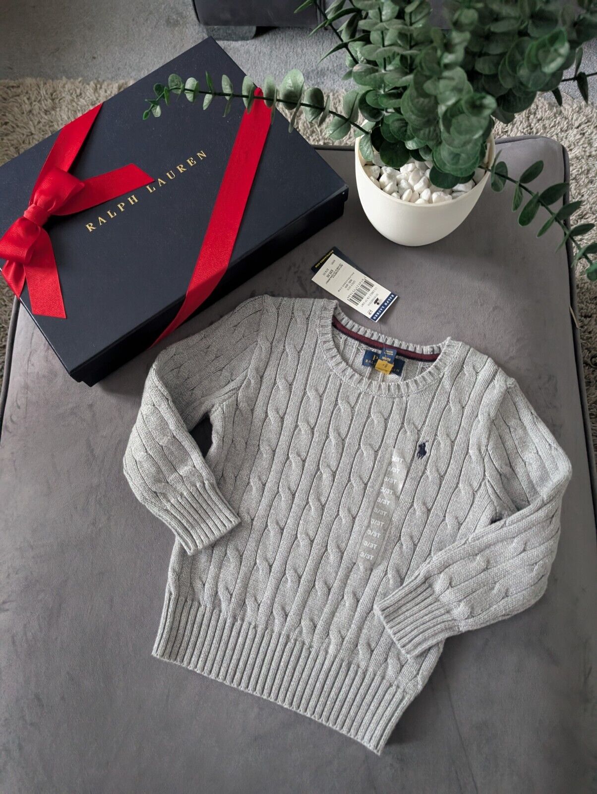 New Boys Ralph Lauren Grey Cable knit long sleeve jumper Cashmere Blend 5yr Gift