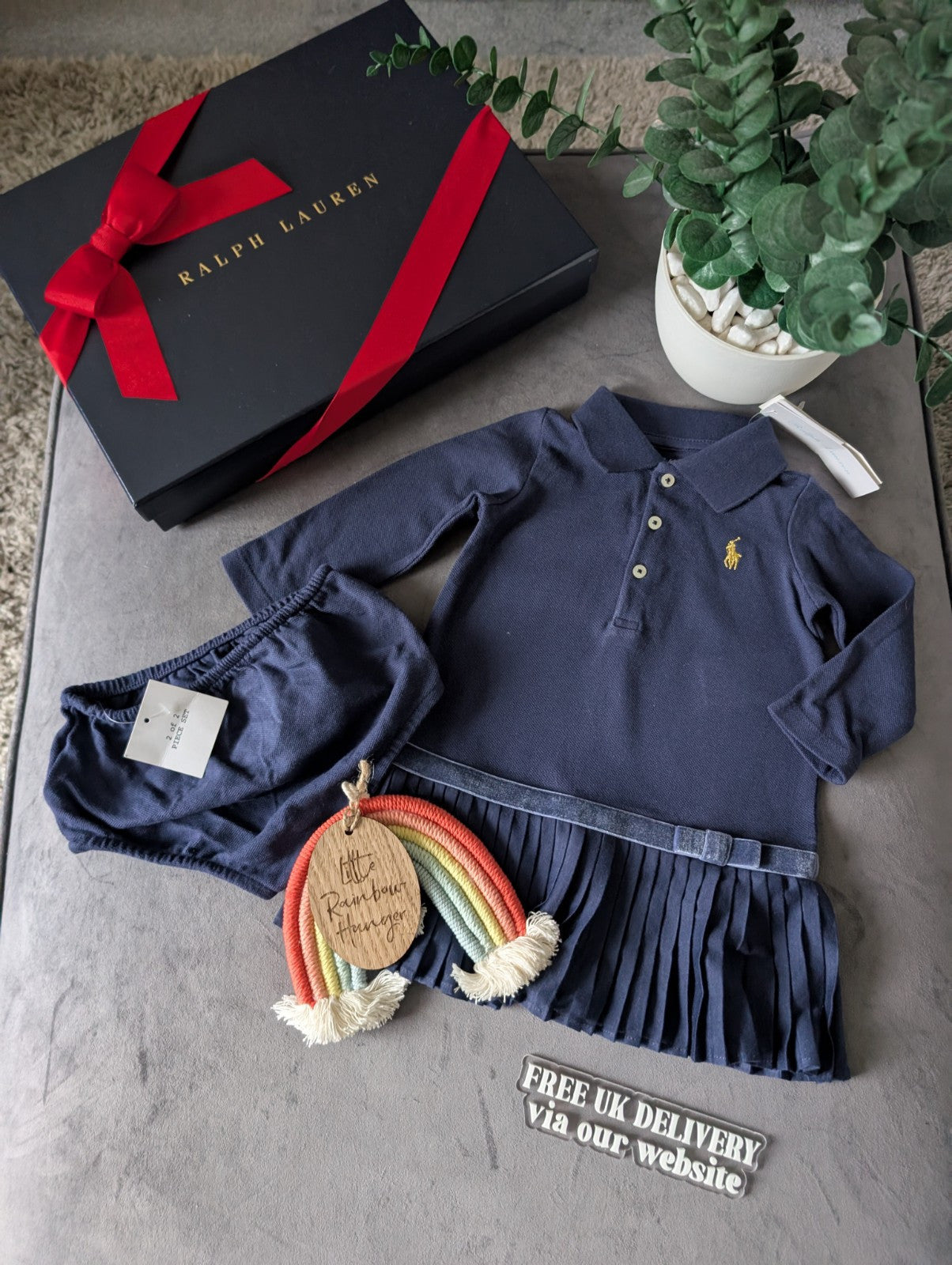 New Ralph Lauren Pleated shirt dress Blue Bow 6-9m Occasion Formal Tennis Gift