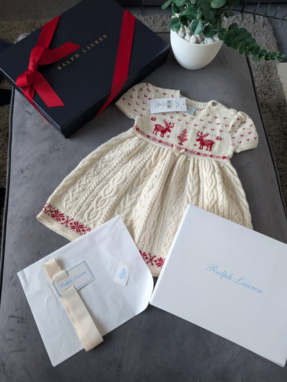 New stunning girls Ralph Lauren Christmas cable knit dress + gift box 9-12m Gift