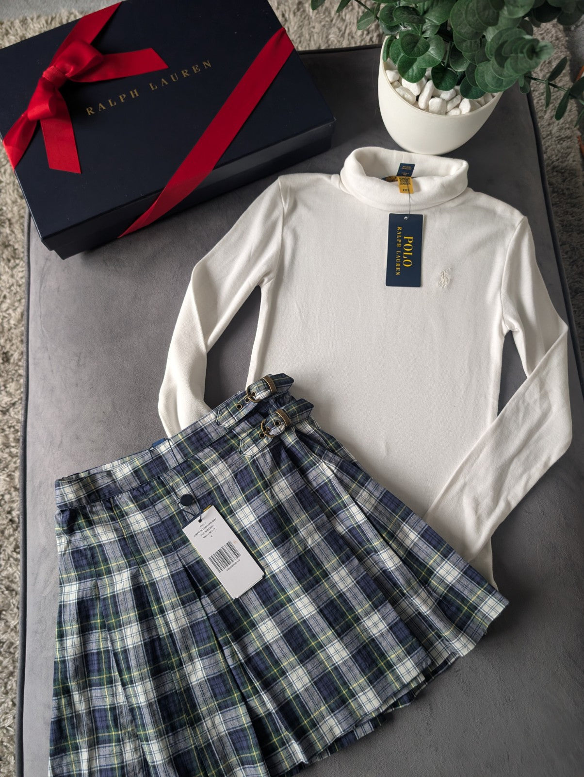 New Ralph Lauren Girls High Neck Ivory Top + Tartan Pleated Skirt Outfit 6y Gift