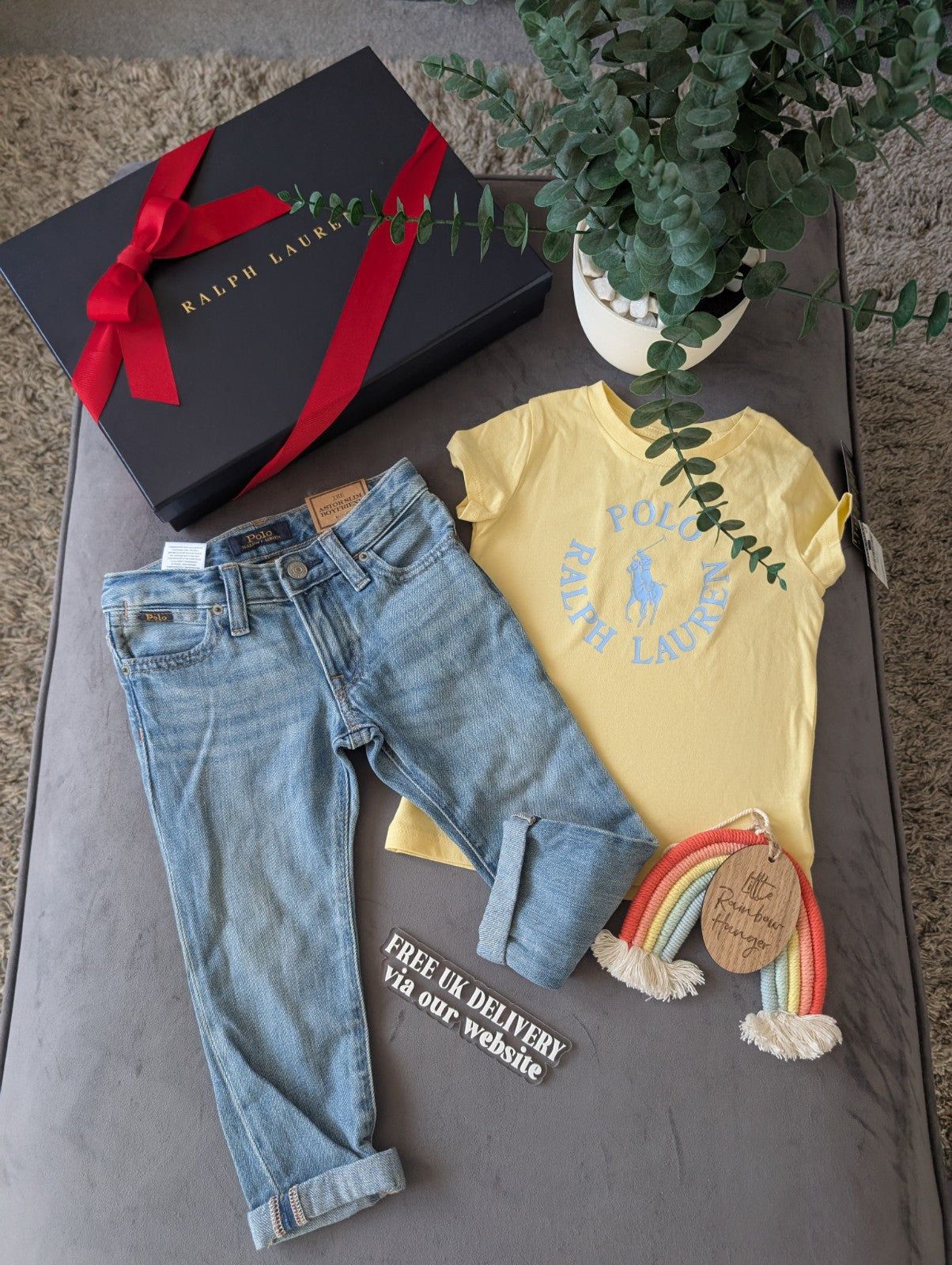 New Ralph Lauren Girls Yellow T Shirt + Blue Denim Boyfriend Jeans Summer 2yrs