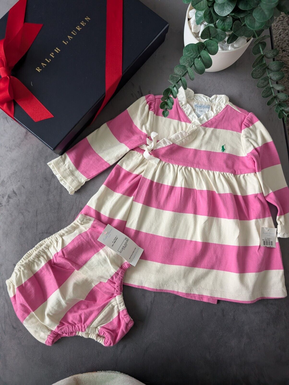 New Stunning Ralph Lauren Baby Girls Pink White Stripe Dress + Bloomer 6-9m Gift