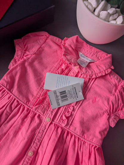 New Girls Polo Ralph Lauren Gorgeous Plain  Dress Oxford Neon Pink 12-18m Smart