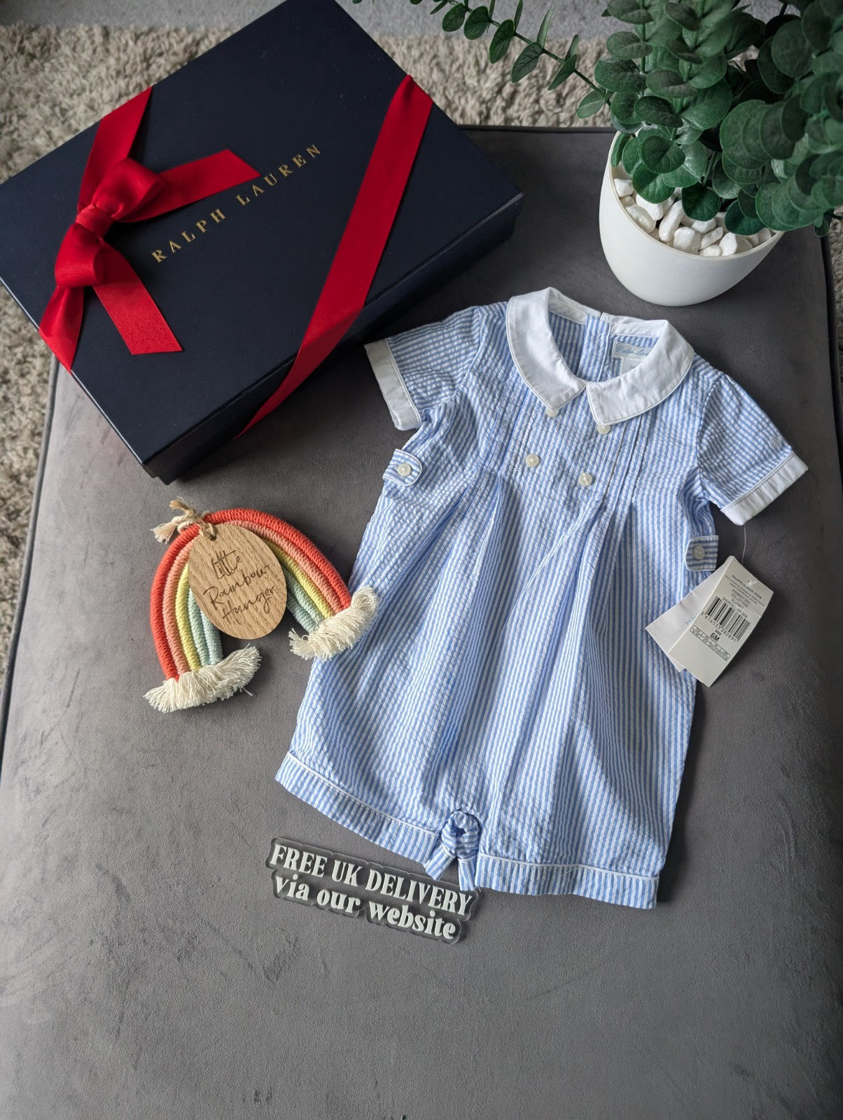 New Ralph Lauren Baby Boy Checked Blue Romper 3-6m Gift Cute Summer Luxury