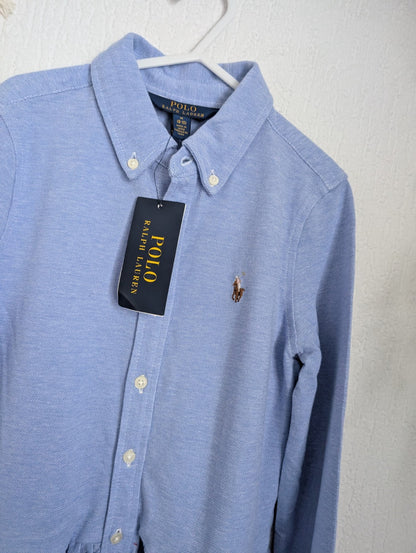 New Ralph Lauren Blue Embroided Logo Smart Formal Cotton Oxford Shirtdress 8yr