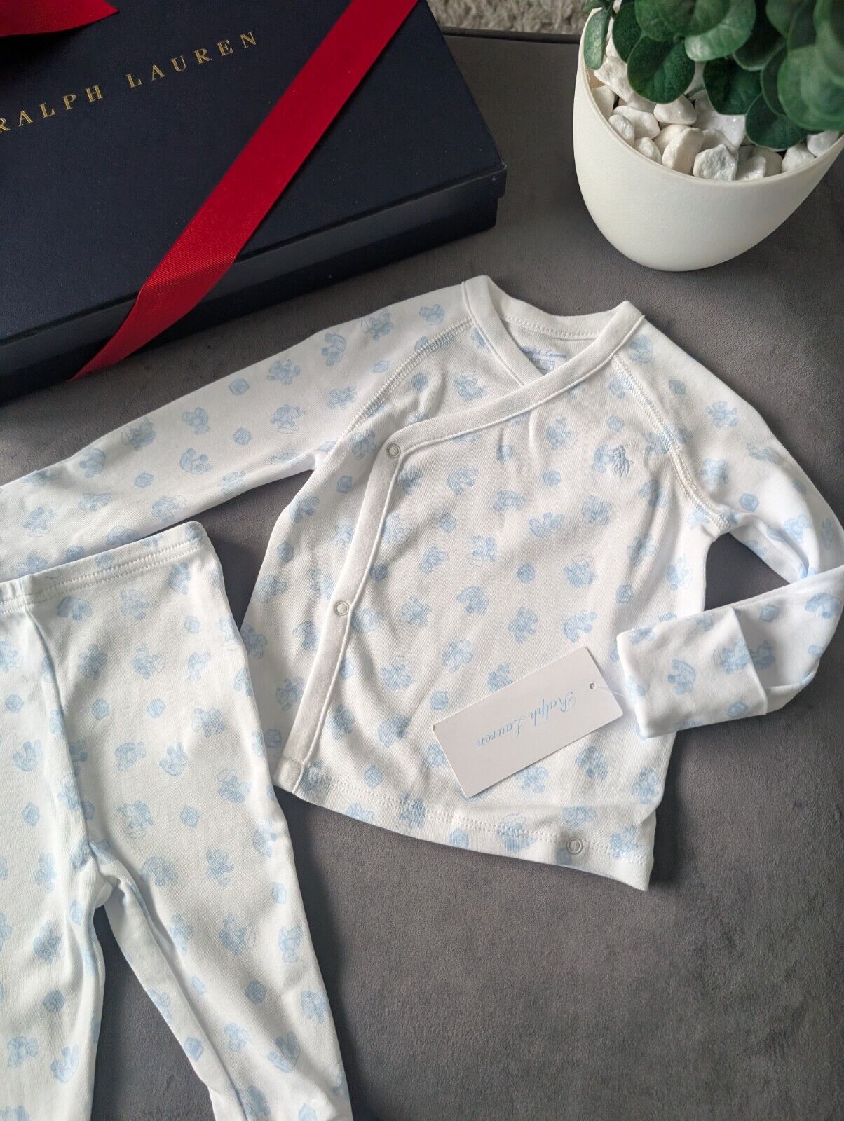 New Ralph Lauren Baby Boy 2 Piece Pyjamas Set 3-6m Blue White Gift  Top +Bottoms