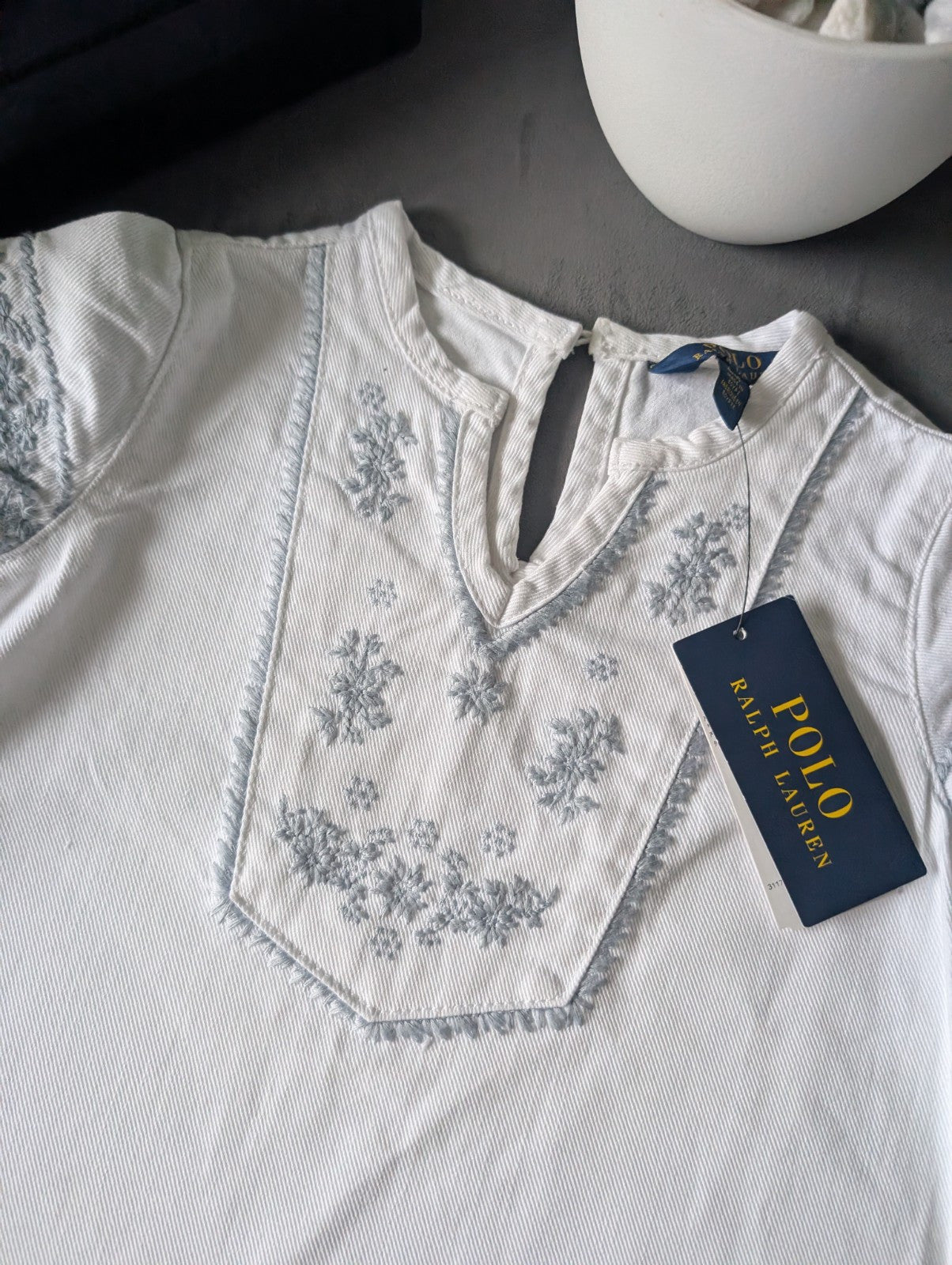 New Ralph Lauren Baby Girls Denim Kaftan Dress White Embroidery Occasion 3-4y