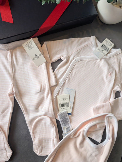 New Ralph Lauren Baby Girl 3 Piece Set Pants Top + Bib Pink Stripe Gift 6-9m